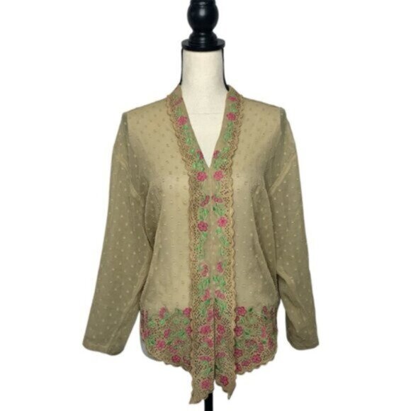 Lauren Ralph Lauren Embroidered Floral Lace Trim Sheer Blouse - Picture 5 of 13